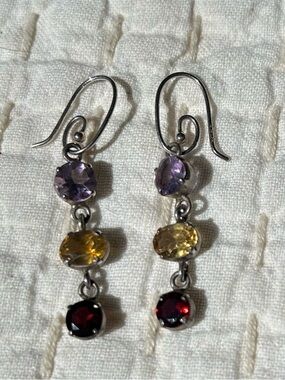 Sterling Silver Tri-Gem Drop Earrings with amethyst, citrine & Garnet Gem Stones